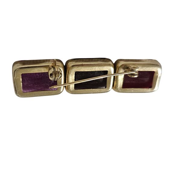 1980s Mod Red Purple Pink Brooch Geometric Rectangle Gold Trim C Clasp Closure - Picture 5 of 8